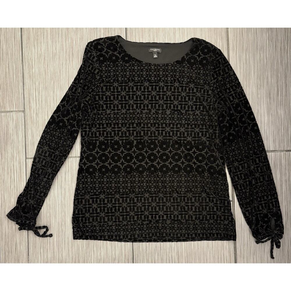 Talbots Black Velvet Burnout Long Sleeve Top Size Petite Small Goth Whimsigoth